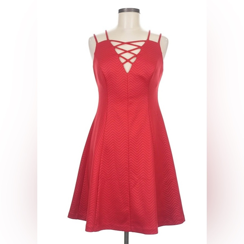 Red Hot GUESS Sleeveless Lace-Up Fit-and-Flare Dress with a Chevron Pattern
